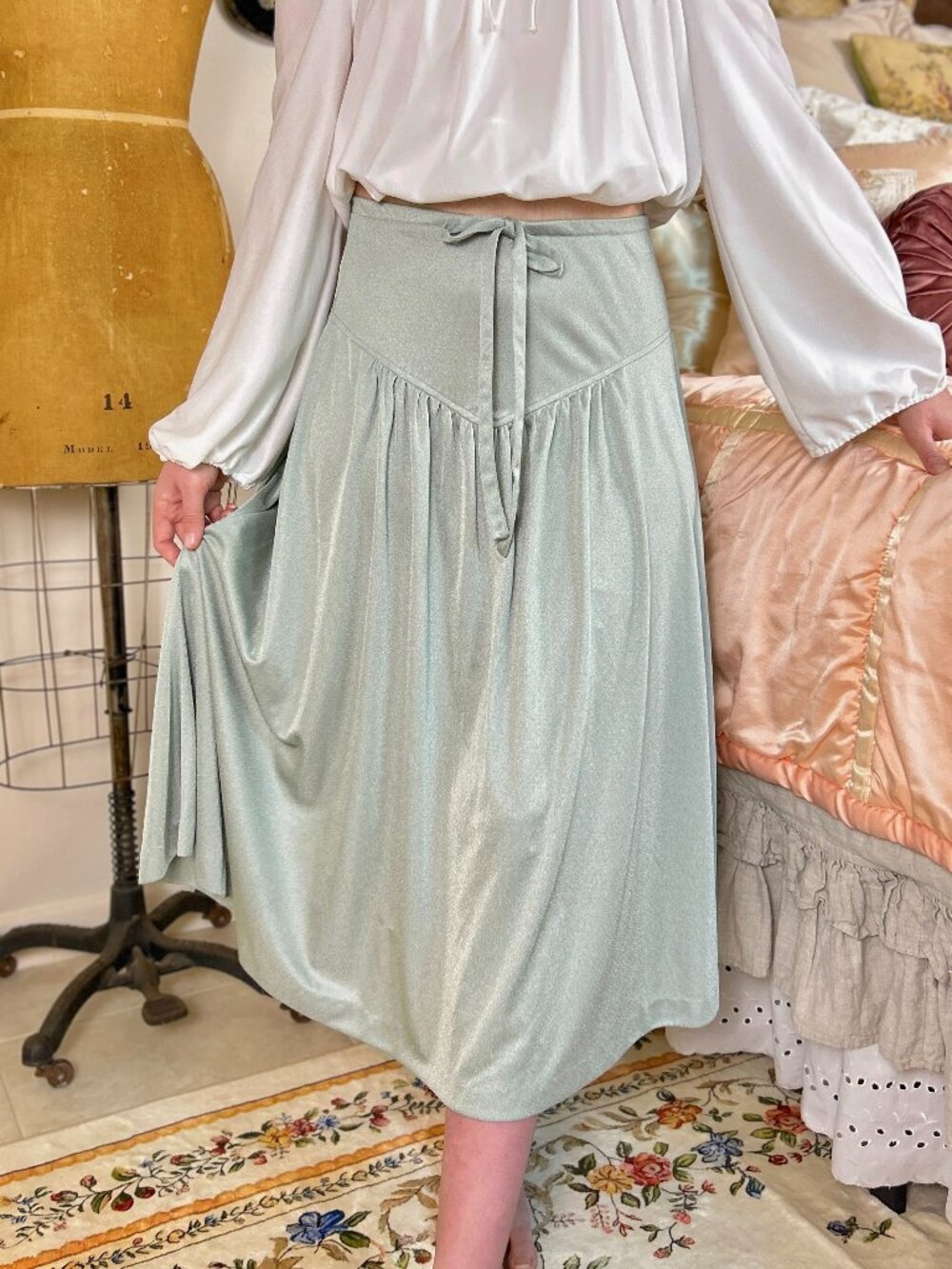 Vintage 70s-80s Sage Green Drop Waist Skirt, Tie Waist, Boho Retro Mermaid Midi